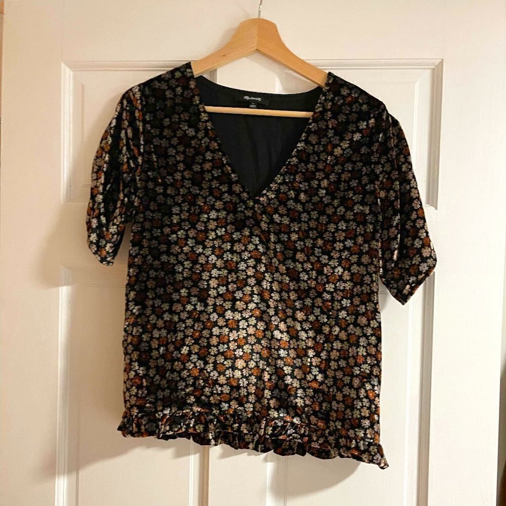 Madewell Velvet Tulip-Sleeve Ruffle Top in Petite Blooms - SMALL - Picture 2 of 10
